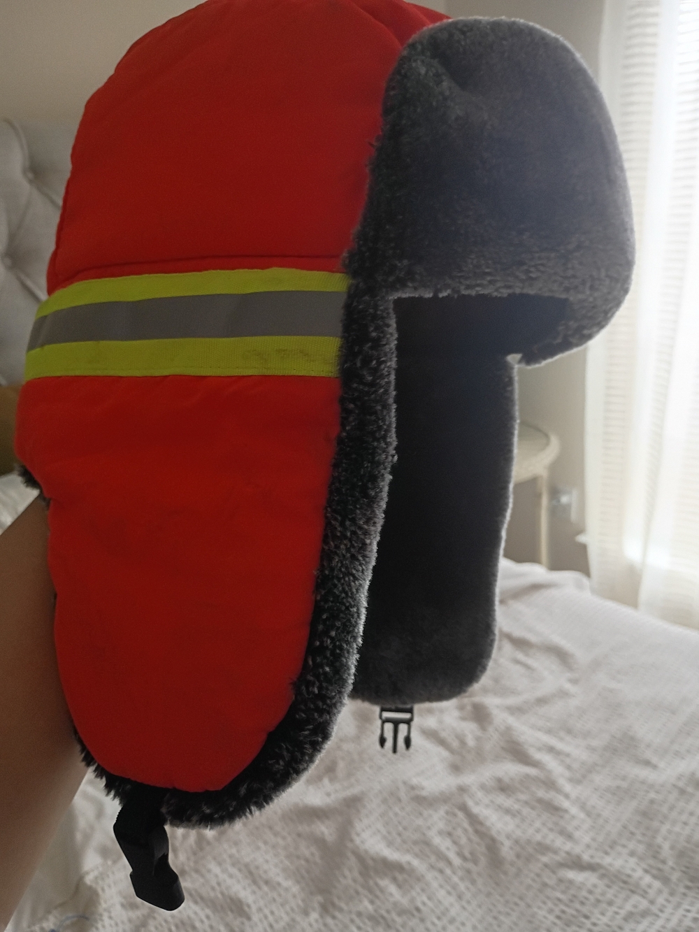 Neon Reflective Trapper Hat - Orange with Gray Faux Fur